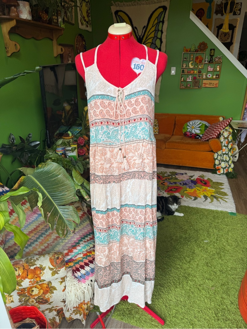 Angie Cream Maxi Dress with Teal, Coral & Brown Stripes